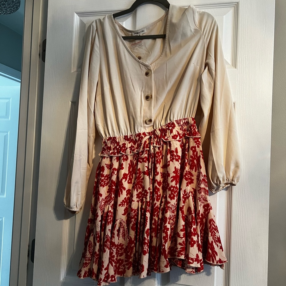 Cream and Red Floral Button-Down Dress